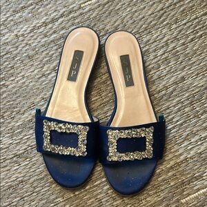 SJP blue embellished satin slides
